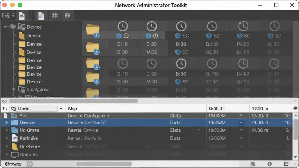 Network Administrator Toolkit 配置文件备份管理界面,主体为软件文件管理窗口,窗口内显示多个设备配置文件列表和备份时间轴,布局为上下结构,上方为设备树下方为文件列表,排版清晰,风格为简约商务风,细节包含文件夹图标和时钟图标,画质高清,干净无多余元素。