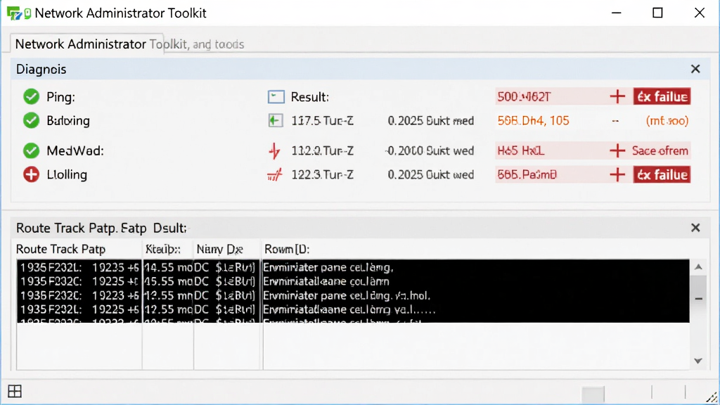 Network Administrator Toolkit 网络诊断工具运行界面,主体为软件诊断窗口,窗口内显示Ping测试结果和路由追踪路径,布局为上下排列,排版规整,风格为浅色专业风,细节包含绿色成功标识和红色失败标识,画质高清,干净无多余元素。