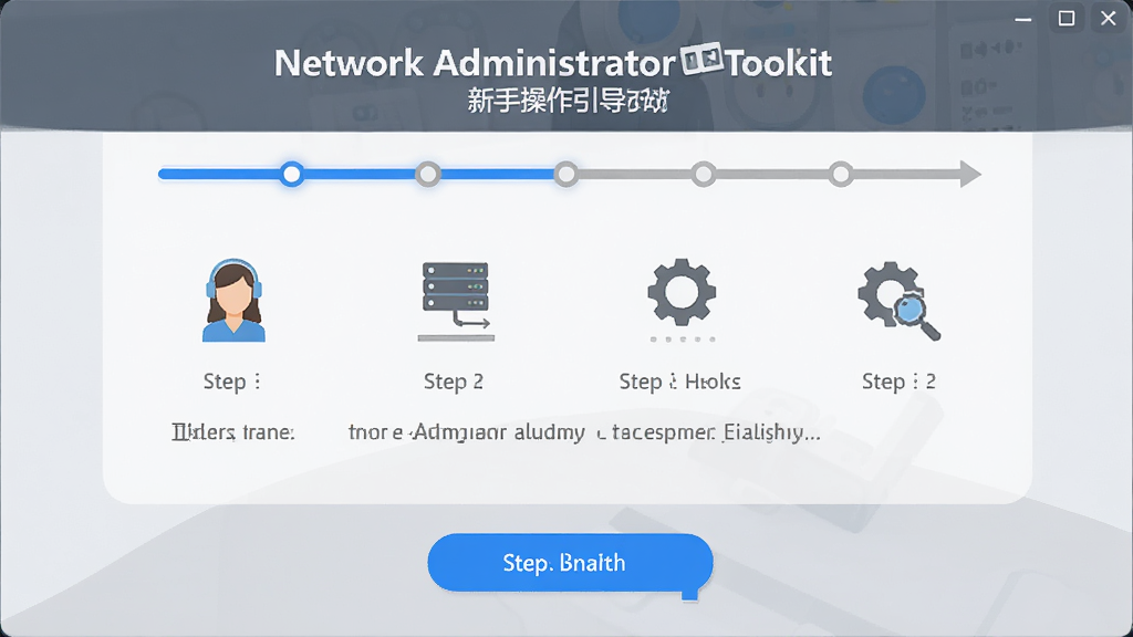 Network Administrator Toolkit 新手操作引导界面,主体为软件启动后的引导页,页面上显示步骤指示器和功能图标,布局为纵向排列,排版简洁明了,风格为友好扁平风,细节包含蓝色高亮按钮和灰色说明文字,画质高清,干净无多余元素。