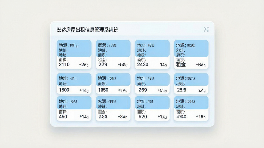 一款名为宏达房屋出租信息管理系统的软件功能展示图,画面主体为一块悬浮在浅色背景上的数字化面板,面板上排列着多张房源信息卡片,每张卡片标注着地址、面积和租金等文字信息。布局为整齐的网格排列,风格为科技感扁平化设计,色调以浅蓝和白色为主,细节处有细微的阴影和圆角处理,画质高清,画面干净,无多余元素。