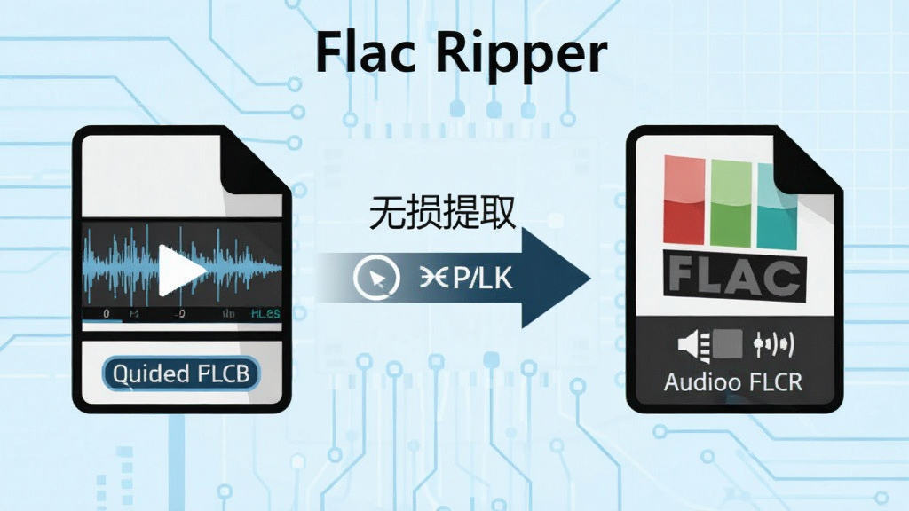 一张展示 Flac Ripper 从视频中提取无损音轨的示意图,画面左侧是一个视频文件图标,右侧是FLAC音频文件图标,中间用箭头连接并标注“无损提取”,背景为浅蓝色科技感线条,风格为扁平化信息图,细节包括音频波形和格式标签,画质清晰,干净,无多余元素