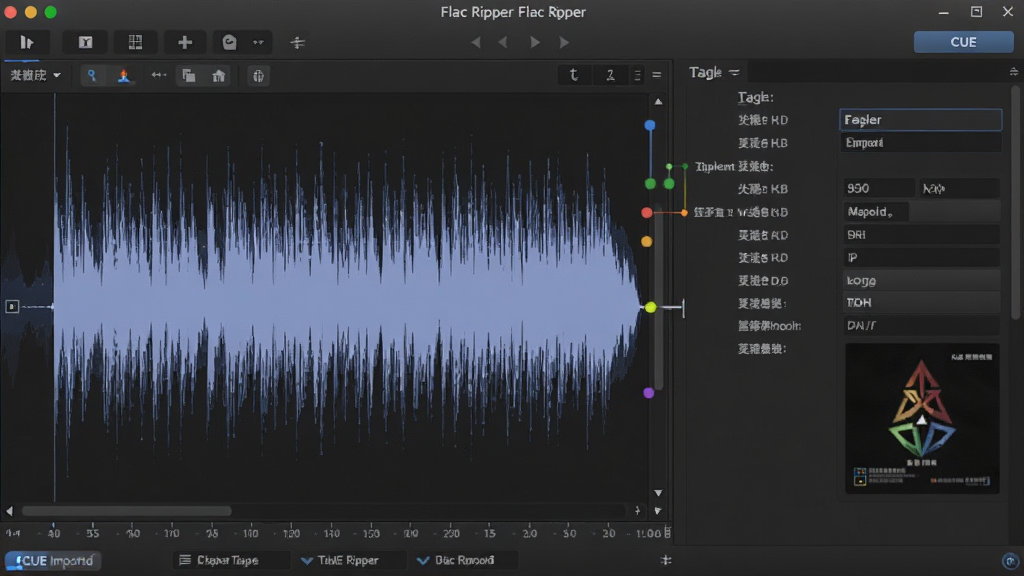 一张展示 Flac Ripper 标签编辑与曲目分割功能的界面图,画面中左侧是整轨音频波形,右侧是分割点标记和标签信息填写区域,背景为深灰色专业风格,细节包括CUE文件导入按钮、时间轴和封面图预览,画质清晰,干净,无多余元素