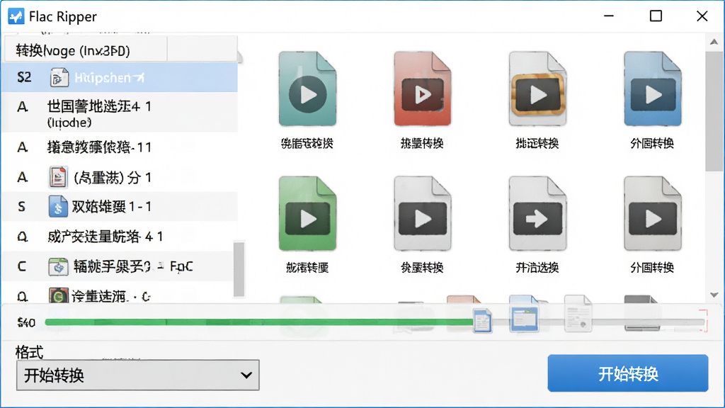 一张展示 Flac Ripper 批量转换功能的界面图,画面中排列着多个音频文件图标,下方有格式选择下拉菜单和“开始转换”按钮,背景为白色简洁风格,细节包括文件列表、进度条和格式图标,画质清晰,干净,无多余元素