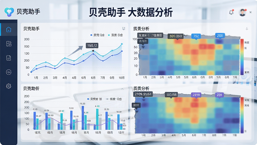 一张展示“贝壳助手”大数据分析图表的图片,主体为数据看板界面,布局为多图表组合排版,风格为商务科技风,细节包括折线图、柱状图、区域热力图、数值标签,画面干净专业,高清画质,文字标注“贝壳助手 大数据分析”
