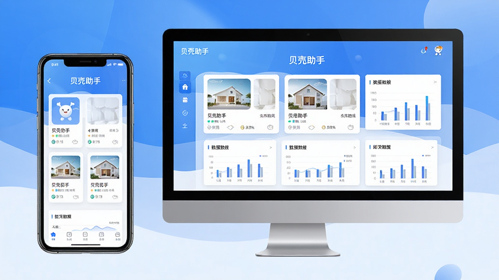 一张展示“贝壳助手”软件主界面的图片,主体为手机和电脑屏幕并列展示应用界面,布局采用居中对称排版,风格为现代科技简约风,细节包括蓝色渐变背景、房源卡片图标、数据图表元素,画面干净无多余元素,高清画质,文字清晰标注“贝壳助手”