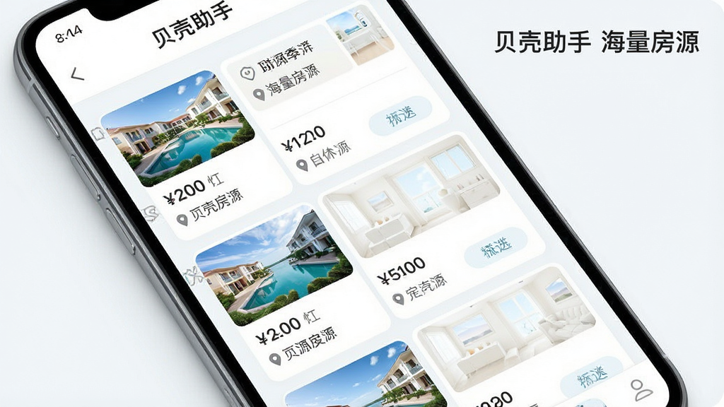 一张展示“贝壳助手”房源列表页面的图片,主体为手机屏幕显示多种房源卡片,布局为纵向滚动列表,风格为清新浅色UI设计,细节包括房源缩略图、价格标签、位置信息、筛选按钮,画面干净整洁,高清画质,文字标注“贝壳助手 海量房源”