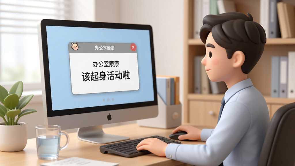 画面主体为一位坐在办公桌前的职场人士,电脑屏幕弹出“办公室康康”定时提醒窗口,窗口内显示“该起身活动啦”字样,布局为桌面场景正视视角,风格为写实卡通融合风,细节包括桌上水杯、绿植、键盘、鼠标和背景书架,画质柔和干净,无多余元素