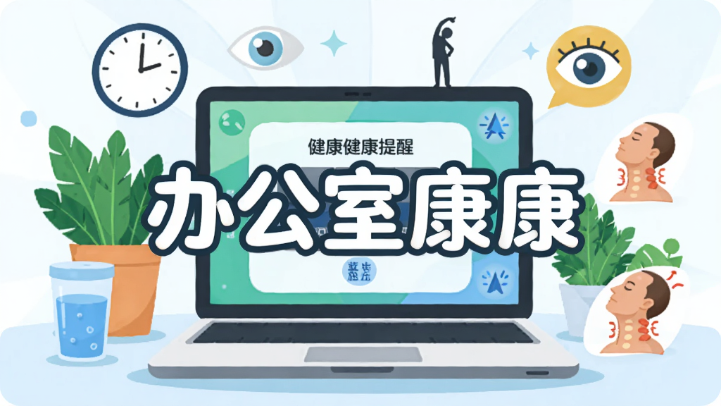 软件名称“办公室康康”四个字以圆润字体出现在画面中央,主体为一台打开的笔记本电脑屏幕显示健康提醒界面,周围环绕绿色植物、水杯、护眼图标和颈椎放松示意简图,布局采用中心辐射式排版,风格为扁平化插画风,细节包括时钟刻度、伸展小人剪影、蓝光过滤标识,画质清晰干净,无多余元素