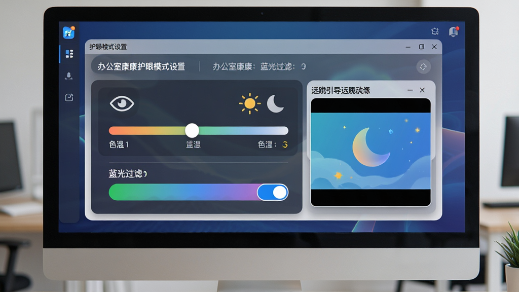 画面主体为电脑屏幕显示“办公室康康”护眼模式设置面板,面板上呈现色温滑块、蓝光过滤开关和远眺引导动画窗口,布局为屏幕特写居中,风格为现代化UI界面展示风,细节包括眼睛图标、太阳与月亮切换标识、色温渐变条,画质高清干净,无多余元素