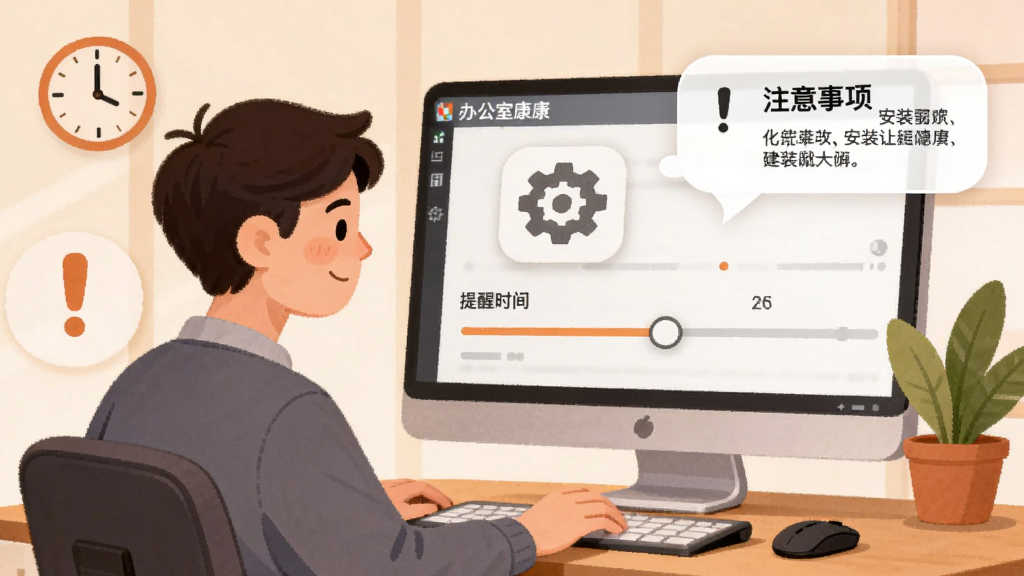 画面主体为“办公室康康”软件设置界面截图风格插画,画面中一位用户正坐在电脑前调整提醒时间滑块,屏幕旁边浮现安装注意事项文字气泡,布局为人物侧视与屏幕特写结合,风格为温馨办公插画风,细节包括时钟图标、齿轮设置图标、提示感叹号和绿植,画质清晰干净,无多余元素