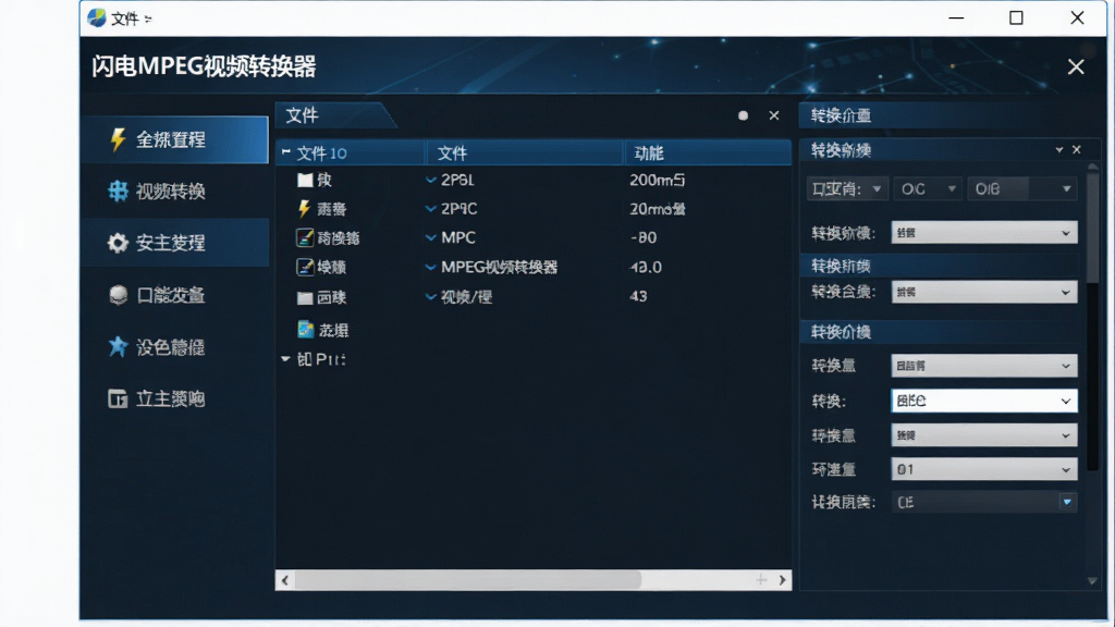 软件主界面全貌展示,画面中央是闪电MPEG视频转换器的程序窗口,左侧为功能导航栏,右侧为文件列表与转换参数设置区域,整体采用深色与蓝色相间的科技风格,窗口内可见“闪电MPEG视频转换器”字样,界面干净整洁,光线明亮,画质清晰,无多余元素