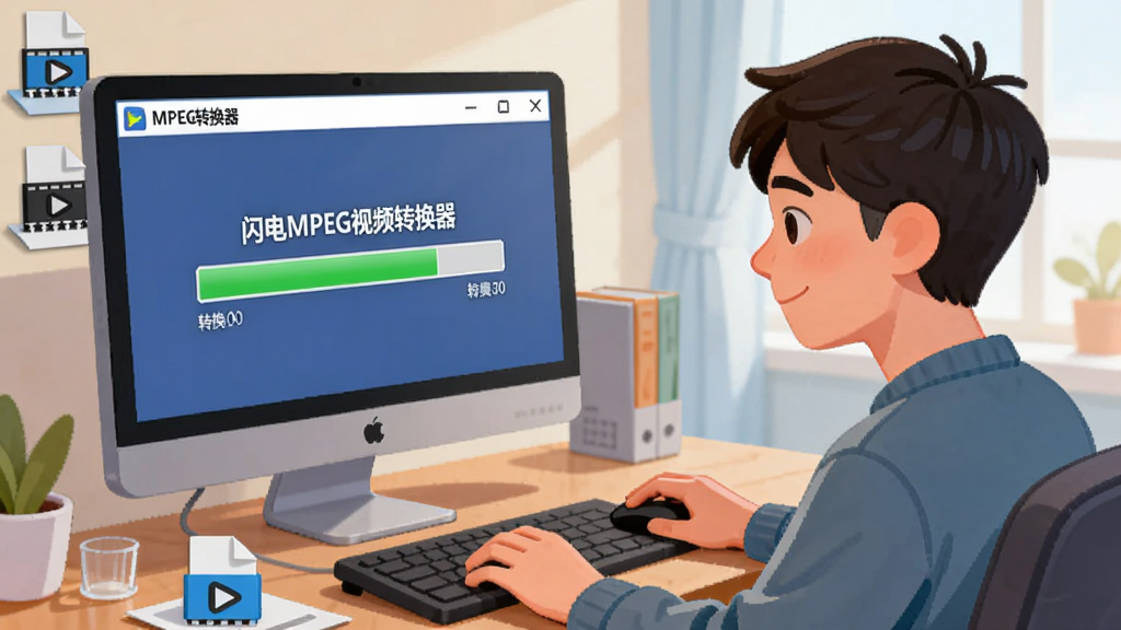 画面展示一位年轻用户在电脑前操作视频转换软件,屏幕上显示“闪电MPEG视频转换器”的转换进度条,桌面上有多个视频文件图标,整体氛围轻松明亮,风格为写实插画,画质清晰,无多余元素
