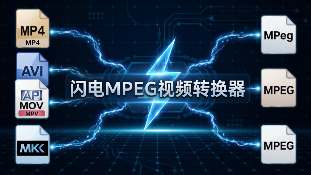 画面中展示一个发光的数字转换枢纽,左侧是多种视频格式图标如MP4、AVI、MOV、MKV,右侧是MPEG格式图标,中间有闪电形状的能量连接,背景为深蓝色科技网格,画面中央悬浮“闪电MPEG视频转换器”字样,整体风格简洁科技感强,画质高清,无杂乱元素