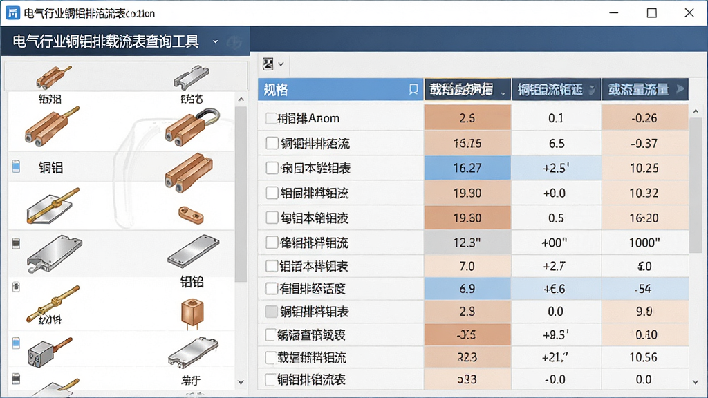 一张展示电气行业铜铝排载流表查询工具软件界面的图片,主体为软件窗口,布局为左侧规格列表右侧载流量数据表格,排版整齐清晰,风格为现代简约商务风,细节包含铜排铝排示意图标和数据高亮,画质清晰干净无多余元素
