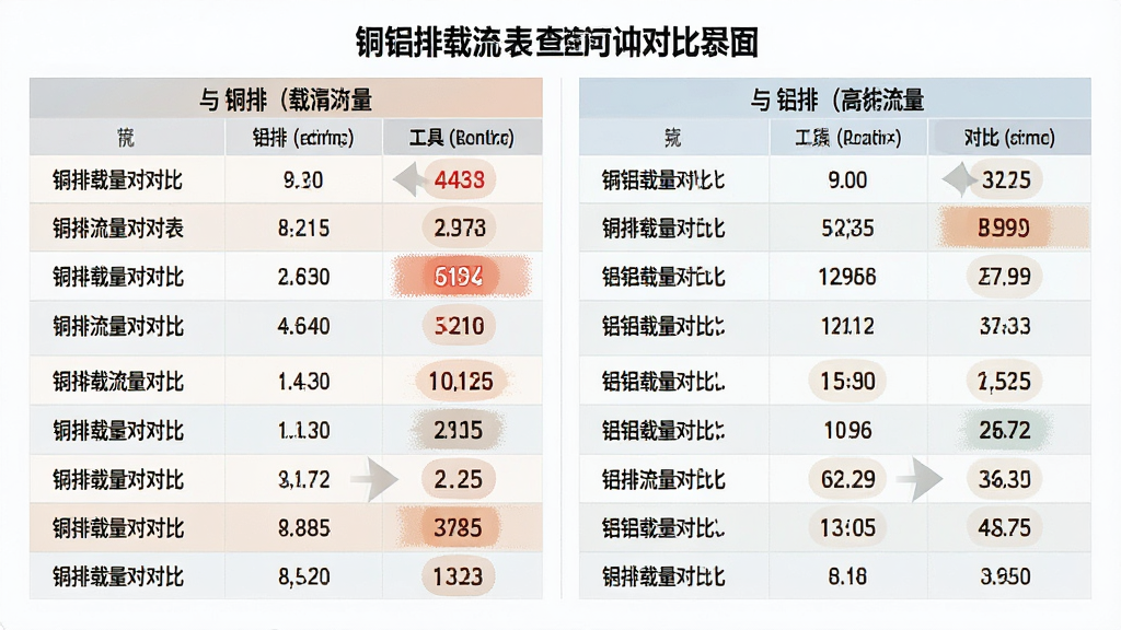 一张电气行业铜铝排载流表查询工具数据对比界面图,主体为铜排与铝排载流量对照表格,布局为左右分栏对比展示,排版为表格式排列,风格为清爽浅色商务风,细节包含高亮差异数值和对比箭头,画质清晰干净无多余元素