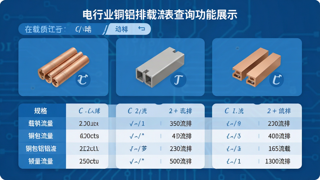 一张电气行业铜铝排载流表查询工具功能展示图,主体为铜排铝排铜包铝排三种材质图标并排,布局为上方材质选择下方规格列表,排版为卡片式分布,风格为扁平化科技蓝风格,细节包含电流符号和载流量数字,画质清晰干净无多余元素