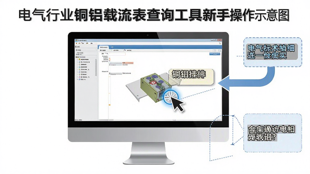 一张电气行业铜铝排载流表查询工具新手操作示意图,主体为电脑屏幕显示软件界面和操作步骤箭头,布局为分步图解式排版,风格为简洁教学风,细节包含鼠标点击高亮和提示文字框,画质清晰干净无多余元素