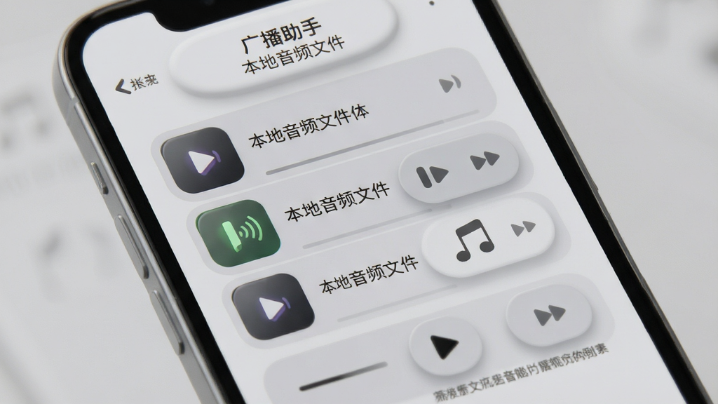 广播助手 本地音频文件列表界面 手机屏幕展示多个音频文件与播放控制按钮 柔和圆角设计 浅灰质感 高清画质