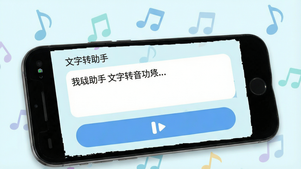 广播助手 文字转语音功能界面 手机屏幕显示文本框与语音播放按钮 背景有音符图标 清新浅色风格 细节清晰 画质干净