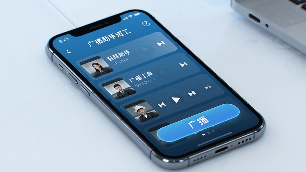 广播助手 手机语音广播工具 主界面展示 手机屏幕中显示音频播放列表与广播按钮 淡蓝色科技风格 简洁布局 高清画质 干净无多余元素