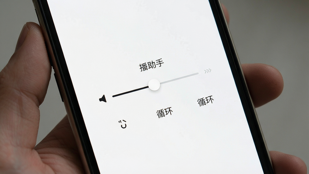 广播助手 播放控制面板界面 手机屏幕显示音量滑块与循环设置选项 素雅极简风格 白色背景 干净无多余元素
