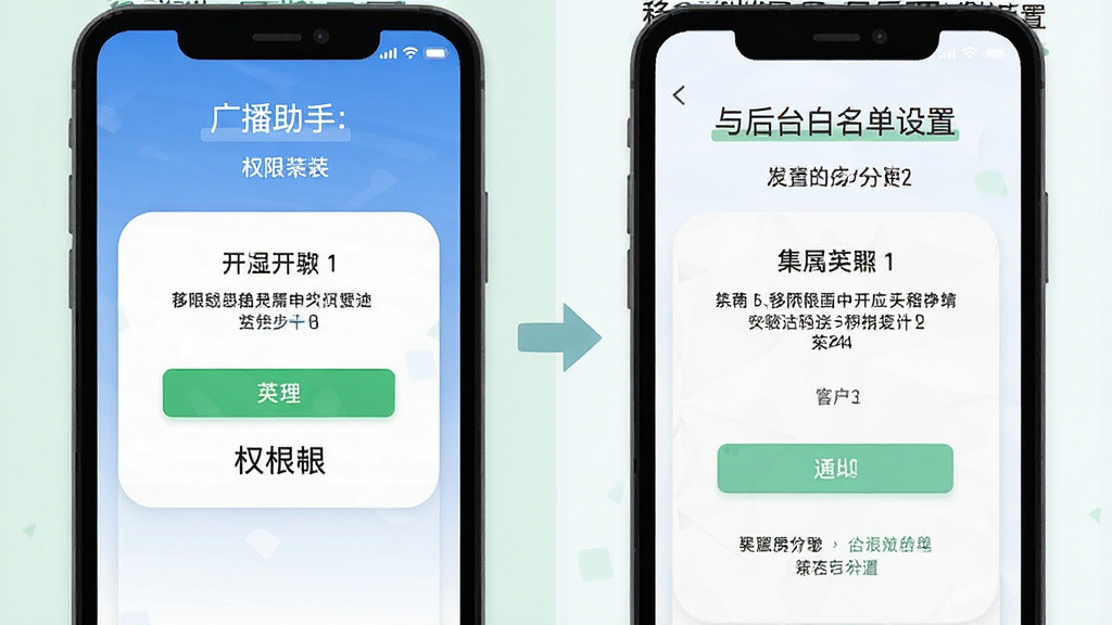 广播助手 移动端安装设置步骤示意图 手机屏幕展示权限开启与后台白名单设置 扁平化风格 步骤清晰 画质干净