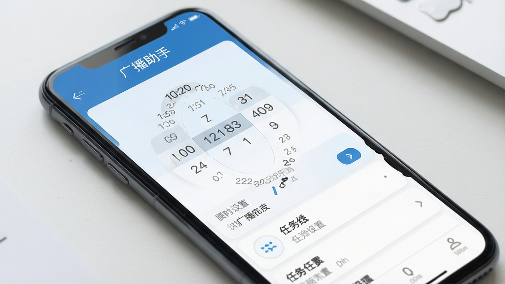 广播助手 定时广播设置界面 手机屏幕显示时间选择器与任务列表 简约商务风格 蓝色主色调 排版整齐 画质清晰