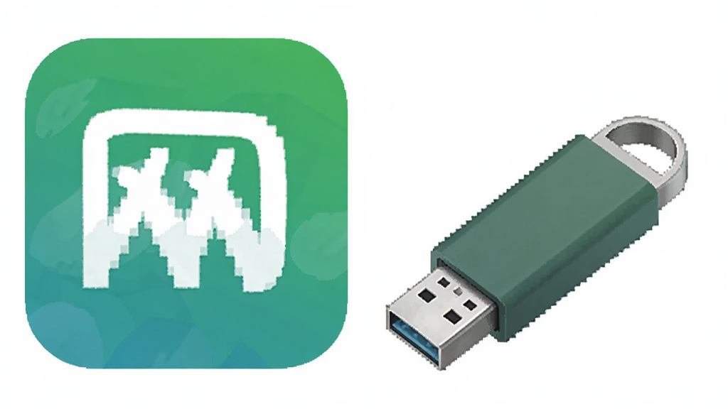 一张展示网亚像素像素厘米换算精灵轻量绿色运行特点的图片,主体为软件图标和U盘,布局为对角线构图,排版自由,风格为清新简约风格,细节包括软件快捷方式、U盘和电脑屏幕,画质清晰,干净,无多余元素