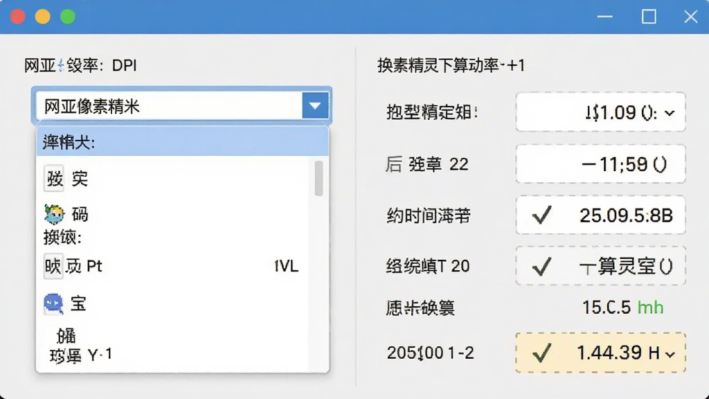 一张展示网亚像素像素厘米换算精灵多分辨率换算功能的图片,主体为软件界面中的分辨率下拉菜单和换算结果,布局为左右分栏,排版整齐,风格为扁平化设计,细节包括DPI选项列表和实时更新的数值,画质清晰,干净,无多余元素