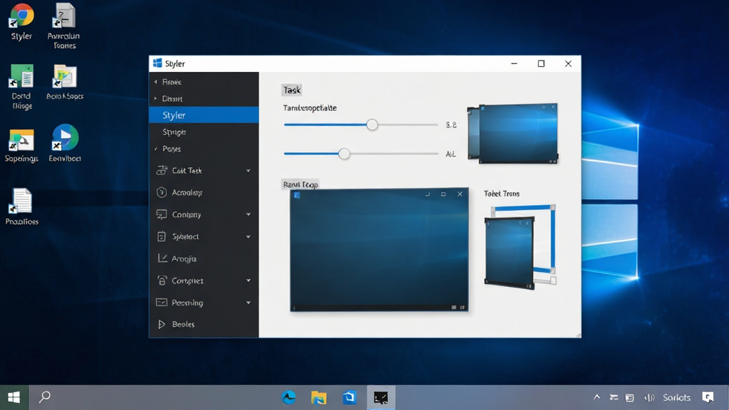 一张展示 Windows 电脑桌面的全景图,画面中央是名为 Styler 的软件界面窗口,窗口左侧是功能导航栏,右侧是任务栏透明度调节滑块和窗口边框样式预览,桌面背景为深蓝色渐变,任务栏呈现半透明毛玻璃效果,图标排列整齐,右下角有系统托盘图标,整体风格为现代科技感,简约干净,画质清晰,无多余元素