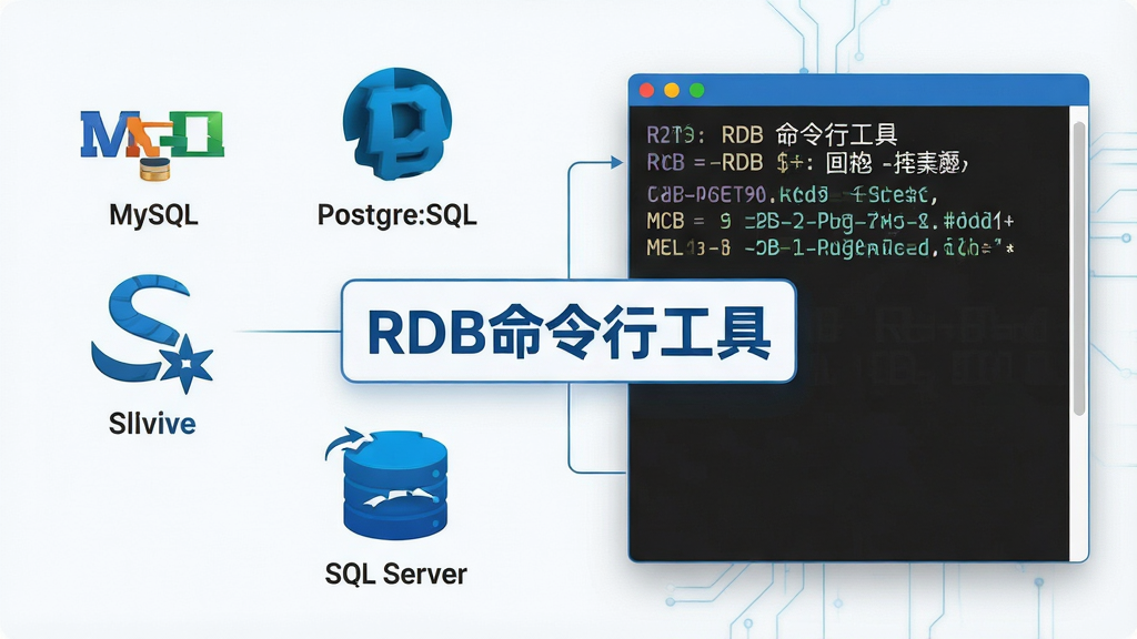 一张展示RDB命令行工具多数据库连接功能的示意图,画面左侧排列着MySQL、PostgreSQL、SQLite、SQL Server等数据库的图标,右侧是一个命令行终端窗口,窗口中显示着成功连接多个数据库的提示信息,画面中央有
