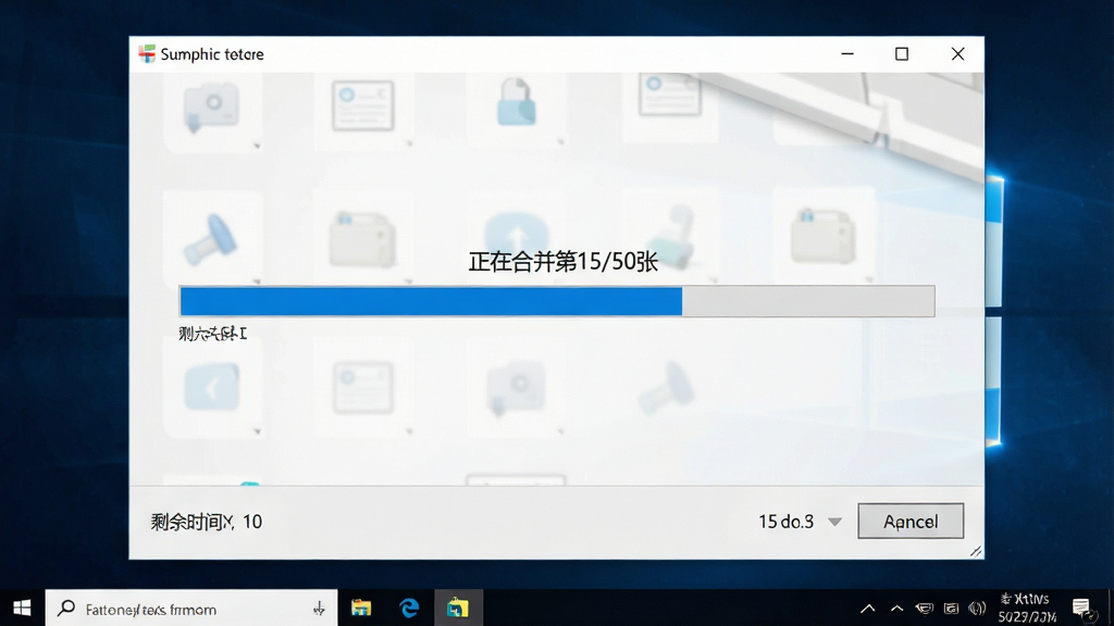һ��չʾͼƬ�ϲ�תPDF������Windows���������кϲ�����Ľ�ͼ������Ϊ������������ʾ�������͡����ںϲ���15/50�š���ʾ��������������ͼ�ꣻ����Ϊȫ�����ڣ��ײ���״̬�����Ű�������������Ϊ��ɫ��䣻���Ϊʵ�ù����������ϸ�ڰ���ʣ��ʱ����㡢ȡ����ť�������������ɾ��޶���Ԫ��