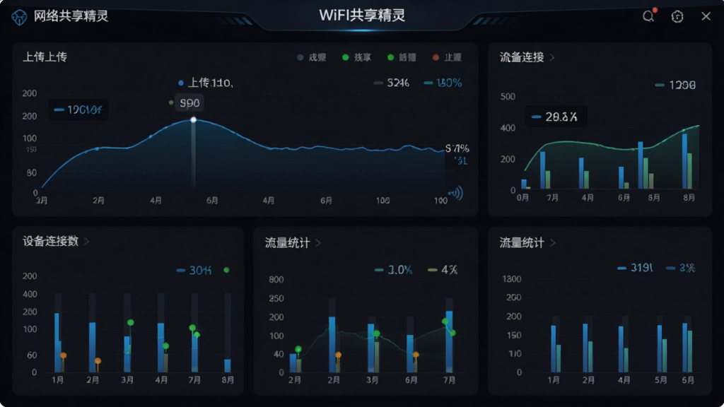 WIFI�������������������棬����Ϊ�����Ǳ��̣���ʾ�ϴ������ٶ����ߡ��豸��������������ͳ�Ƶ�ͼ�������ַ�����չʾ�����Ϊ��ɫ�Ƽ��磬ϸ�ڰ�����̬��������״ָ̬ʾ�ƣ������������ɾ����޶���Ԫ��