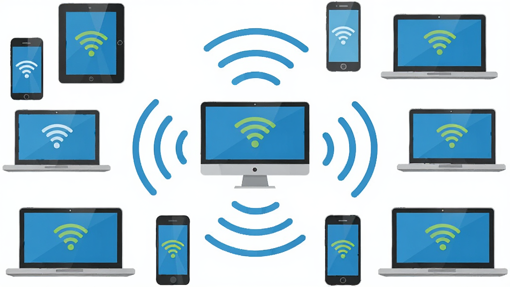 WIFI����������豸����ʾ��ͼ��������һ̨������Ϊ�ȵ�Դ����Χ�ֲ����ֻ���ƽ�塢�ʼǱ��ȶ����豸ͼ�꣬ͨ�������ź��������ӣ����ֶԳƣ����Ϊ��ƽ���廭��ϸ�ڰ������豸��Ļ�ϵ�WiFi����ͼ�꣬���ʸ��壬�ɾ����޶���Ԫ��
