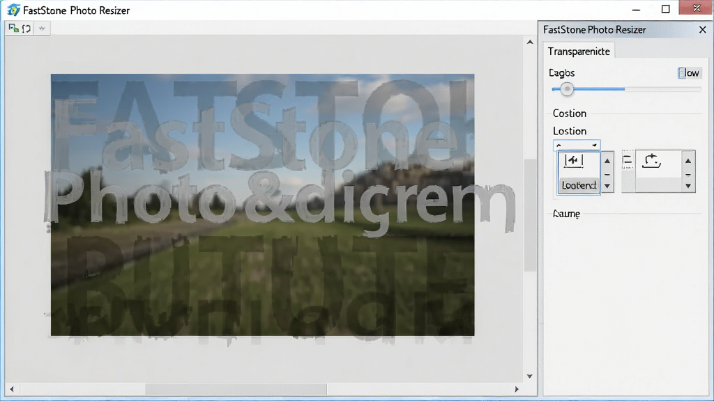 һ��չʾ FastStone Photo Resizer ˮӡ���ӹ��ܵ�ͼƬ����������ʾһ��ͼƬ�ϵ����˰�͸������ˮӡ��ˮӡ�������λ�ڽ����Ҳ࣬����͸���Ȼ����λ��ѡ����������Ϊǳ��ɫ���������Ű�������������ż���ϸ�ڷḻ�����ʸ��壬�ɾ����޶���Ԫ�ء�