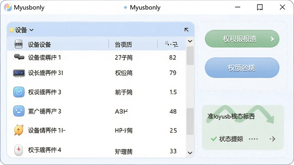一张展示Myusbonly软件中文界面与操作引导的图片,画面中主窗口包含设备列表、权限按钮与状态提示区域,风格为友好亲和的浅色系,细节包含中文标签与简洁图标,画质清晰,干净,无多余元素