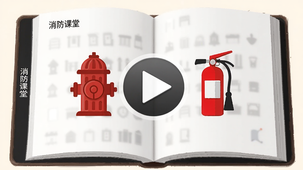 主体是一本翻开的电子书与一个播放按钮结合,布局为居中,排版上电子书页面上有消防栓和灭火器图标,风格为简约教育风,细节包括书页边缘有“消防课堂”字样,背景为柔和米白色,画质清晰,干净,无多余元素
