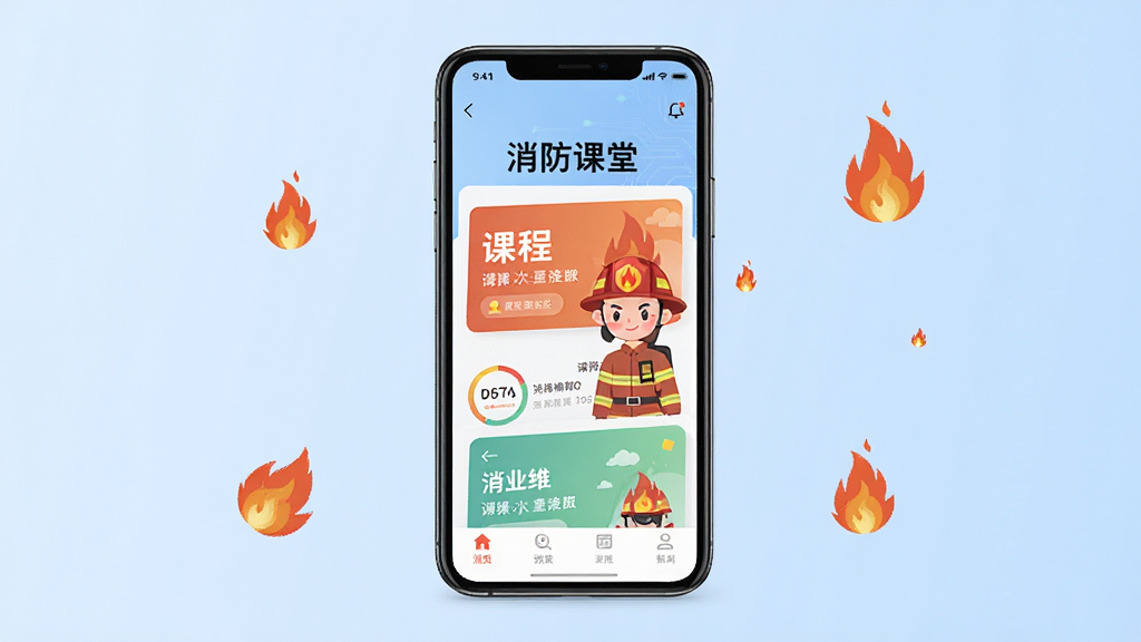 主体是一个手机屏幕,屏幕中显示消防课堂APP的首页界面,界面中有课程卡片和消防员卡通形象,布局是手机居中放置,背景为浅蓝色渐变,排版简洁,风格为扁平化科技风,细节包括界面内文字“消防课堂”清晰可见,周围有少量火焰图标点缀,画质高清,干净,无多余元素