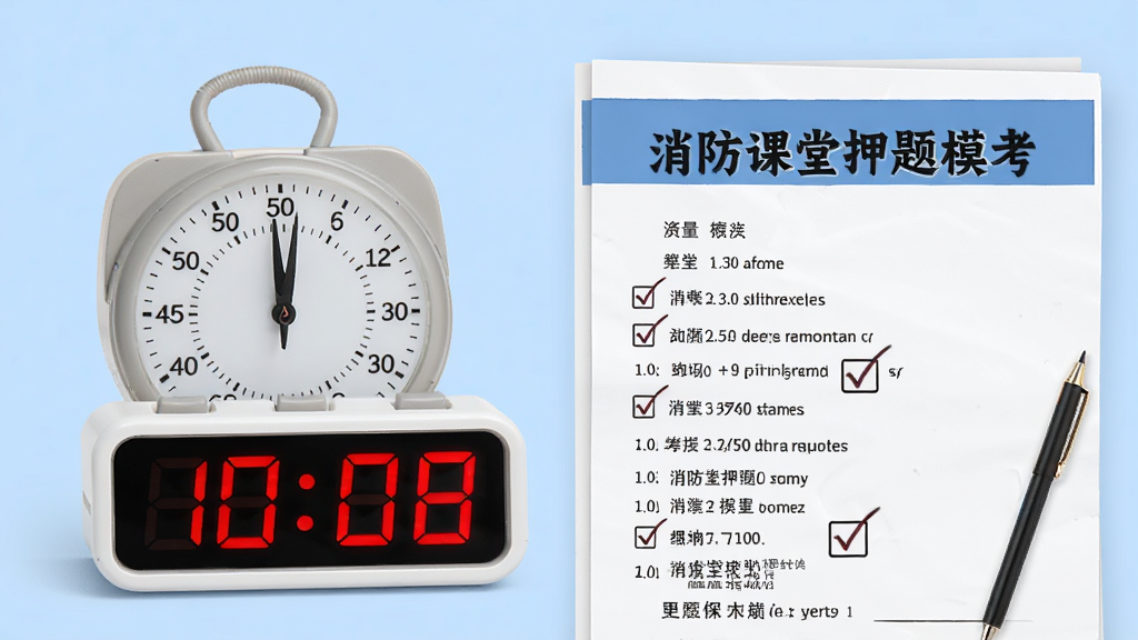 主体是一个计时器与试卷组合,布局为左右结构,排版上试卷上有勾选标记,风格为考试场景风,细节包括计时器显示倒计时,试卷抬头有“消防课堂押题模考”字样,背景为浅蓝色,画质清晰,干净,无多余元素