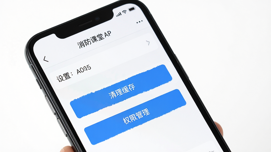 主体是一部手机屏幕显示消防课堂APP的设置界面,布局为手机正面展示,排版上设置选项清晰排列,风格为简洁工具风,细节包括屏幕中有“清理缓存”和“权限管理”按钮,背景为纯白色,画质高清,干净,无多余元素