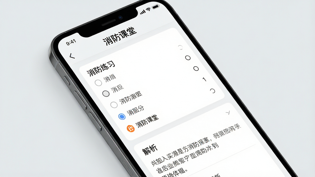 主体是手机屏幕显示题库练习界面,界面中有选择题和解析区域,布局为手机倾斜展示,排版清晰,风格为现代简约风,细节包括屏幕上方有“消防课堂”标题,背景为淡灰色,画质高清,干净,无多余元素
