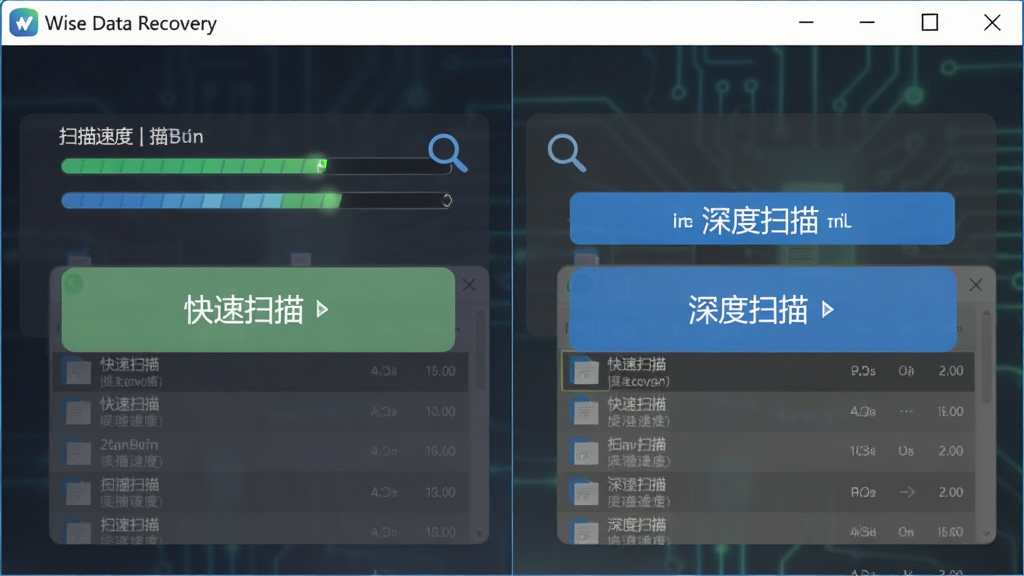 双扫描模式对比示意图,主体为 Wise Data Recovery 软件界面中的快速扫描与深度扫描两个按钮,布局为左右对比,排版清晰,风格为科技简约,细节包含扫描速度指示条、文件列表预览、放大镜图标,画质清晰,干净,无多余元素