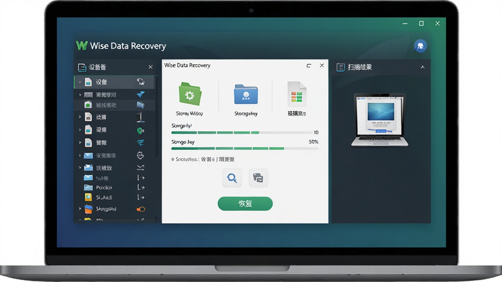 软件全貌概览图,主体为一台笔记本电脑屏幕显示 Wise Data Recovery 软件界面,布局为中央展示软件主功能区,左侧为存储设备列表,右侧为扫描结果预览区,排版简洁清晰,风格为现代科技感,细节包含文件类型图标、扫描进度条、恢复按钮,画质清晰,干净,无多余元素