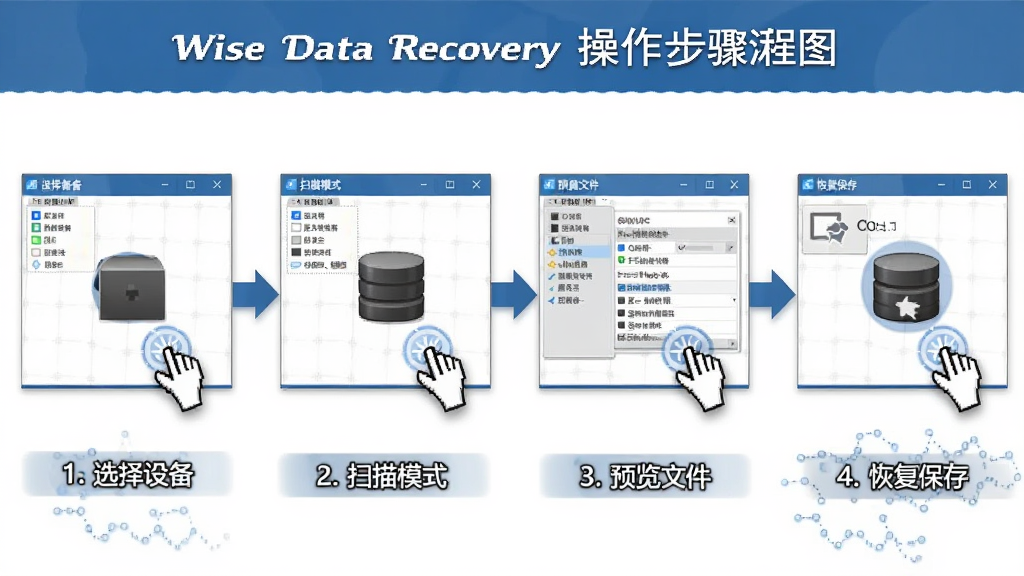 Wise Data Recovery 操作步骤流程图,主体为软件操作流程的四个关键步骤截图,布局为横向排列,排版依次展示选择设备、扫描模式、预览文件、恢复保存,风格为教程图解,细节包含鼠标点击高亮、箭头指引、步骤编号,画质清晰,干净,无多余元素