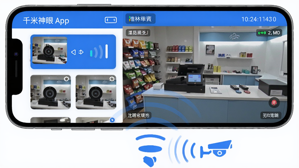 һ���ֻ�������ʾǧ������App���棬���������Ϊ����ͷ�б����Ҳ�Ϊʵʱ��ػ��棬�������ǵ�������̨�������ֻ��·�������źŲ������ӵ�Զ��һ������ͷͼ�ꣻ������Ϊ�ִ��Ƽ��廭��ɫ��������Ϊ����ϸ�ڰ����ź�ǿ��ָʾ��ʱ���ˮӡ�����������ȱ�ʶ�����ʸɾ���������Ԫ��