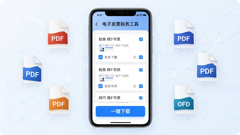 �ڻ������룬һ�������ֻ���չʾ�š����ӷ�Ʊ˰�񹤾ߡ����������ؽ��棬��Ļ���ж����Ʊ�ļ���Ƭ����ѡ���·���һ����Ŀ�ġ�һ�����ء���ť����Χ������PDF��OFD�ȸ�ʽͼ�꣬����Ϊ�Ƽ���ǳɫ���񣬷���ִ���Լ�����ʸ��壬�ɾ�������