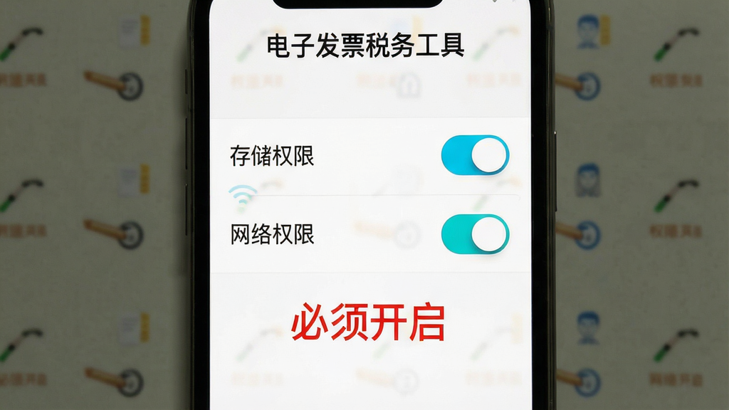 һ���ֻ���Ļ��ͼ����ͼƬ��չʾ�����ӷ�Ʊ˰�񹤾ߡ���Ȩ����������ҳ�棬ҳ�����С��洢Ȩ�ޡ���������Ȩ�ޡ��Ŀ��ذ�ť���·��к�ɫ������ʾ�����뿪����������Ϊ��ɫ����������ˣ������������޶���Ԫ��