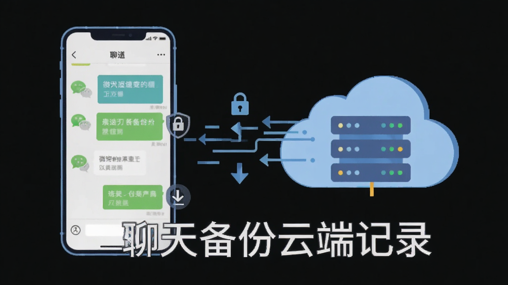 主体为一部智能手机和云端服务器图标,布局采用左右对称构图,左侧手机屏幕显示微信聊天界面,右侧云朵形状的服务器接收数据流,排版简洁居中,风格为扁平化科技插画,细节包括聊天气泡、锁形安全图标、上传下载箭头,画质清晰干净无多余元素,图片中文字标注“微聊天备份云端记录”。