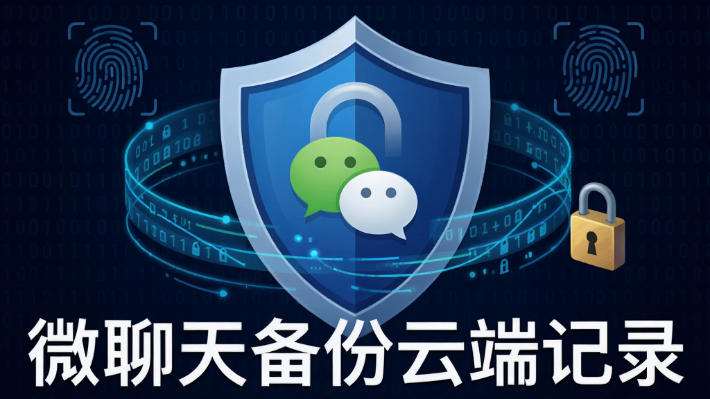 主体为盾牌与锁形图标保护手机数据,布局为中心对称构图,盾牌中央显示微信聊天气泡,四周环绕加密数据流线条,排版稳重,风格为安全防护主题插画,细节包括二进制代码背景、指纹识别图标、加密锁扣,画质高清干净无多余元素,图片中文字标注“微聊天备份云端记录”。