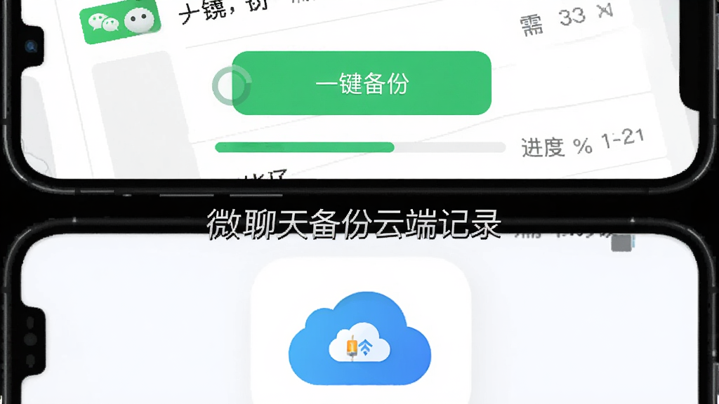 主体为手机屏幕显示一键备份按钮和进度条,布局为上下结构,上方是微信聊天列表,下方是云端存储图标,排版清晰直观,风格为现代扁平化UI插画,细节包括绿色备份按钮、旋转加载动画、云朵存储标识,画质高清干净无多余元素,图片中文字标注“微聊天备份云端记录”。